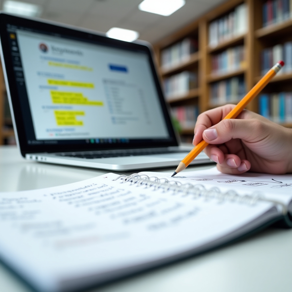 Badanie słów kluczowych na ekranie laptopa z notatkami